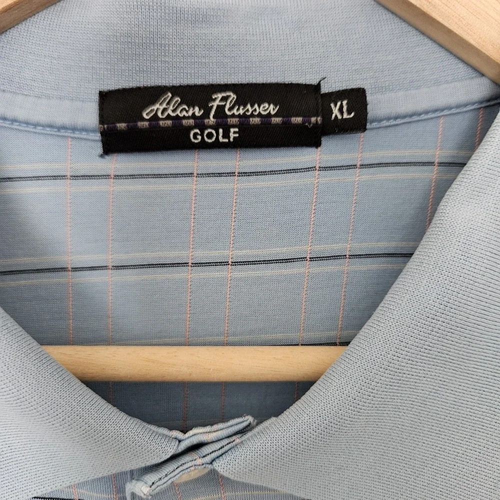 Golf Polo Shirt Short Sleeve Mens XL Blue Plaid  100% Cotton Alan Flusser Stripe